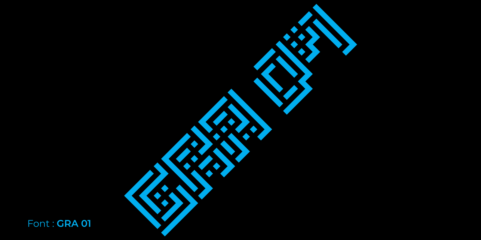 Gra 01 - Experimental Layered Pixel Font Cover Futuristic display cover with bright blue text reading Gra 01 arranged diagonally on a solid black background.