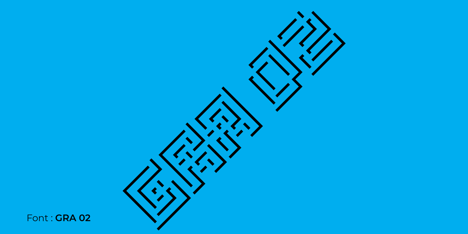 Gra 02 - Futuristic Tech Poster Design Three diamond-shaped black frames on a blue banner background displaying complex modular character samples and text blocks.