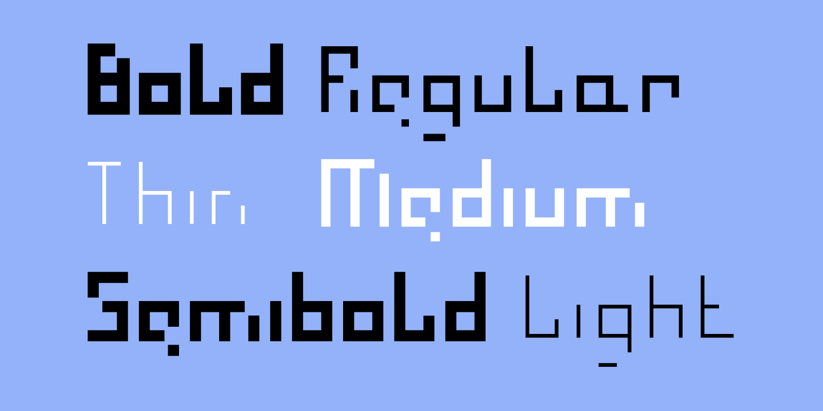 Visual weight comparison layout for Piksel Core showcasing bold, regular, thin, medium, semibold, and light styles.