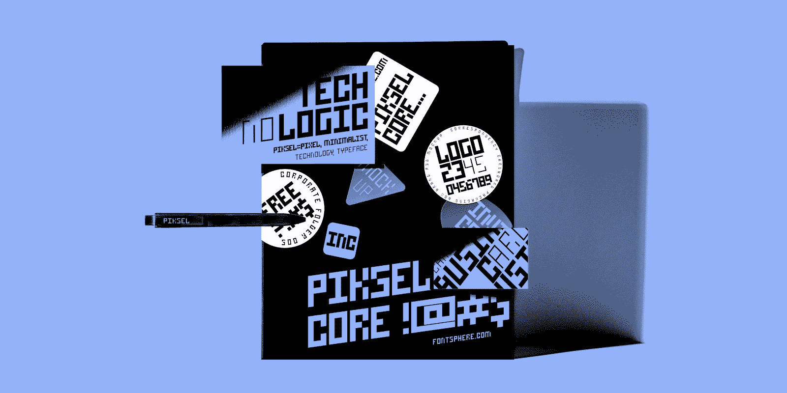 Piksel Core pixel font usage examples on business cards, notebooks, and merchandise items.