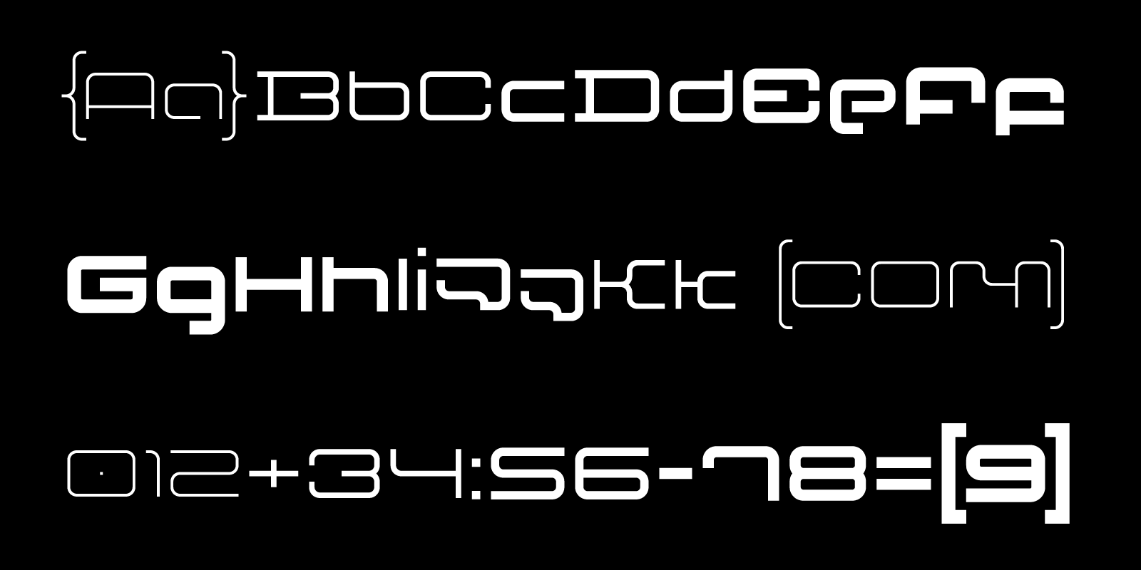 F Pixel Rounded geometric display typeface specimen showing the Regular style in five weights, from Light to Bold, with rounded futuristic letterforms.